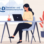 Junge Frau am Laptop im Online-Kurs der Übersetzer- und Dolmetscherschule