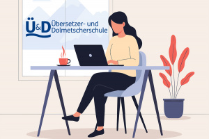 Junge Frau am Laptop im Online-Kurs der Übersetzer- und Dolmetscherschule