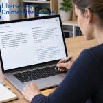 Übersetzen im KI-Zeitalter Frau übersetzt einen Text mit KI am Laptop