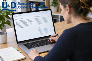 Übersetzen im KI-Zeitalter Frau übersetzt einen Text mit KI am Laptop